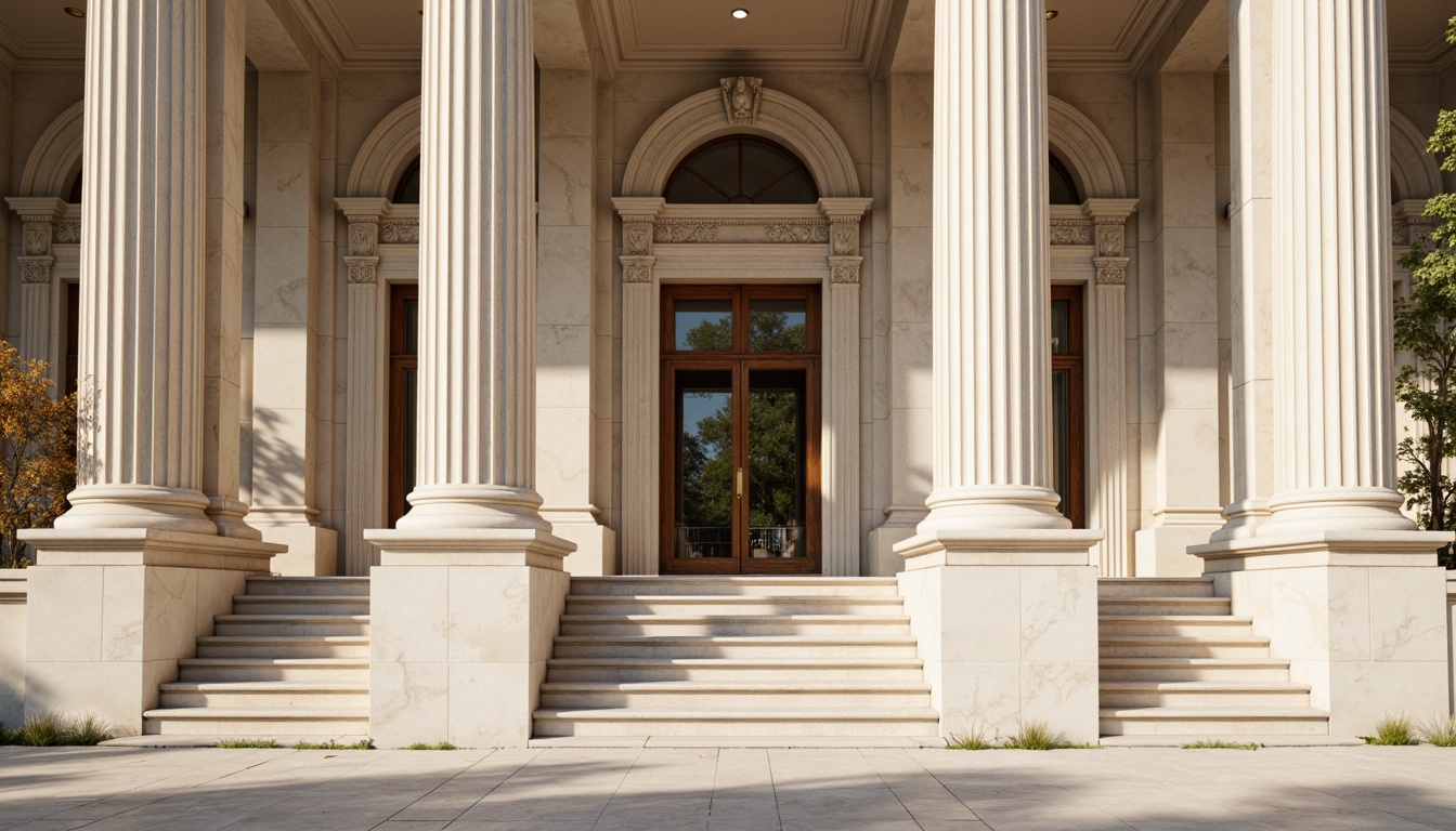 Prompt: Elegant columned facade, ornate capitals, fluted shafts, Corinthian orders, limestone material, creamy white color, classical proportions, symmetrical composition, grand entrance, sweeping staircases, intricate moldings, decorative pilasters, carved acanthus leaves, subtle shadowing, warm natural lighting, 1/1 composition, realistic textures, ambient occlusion.