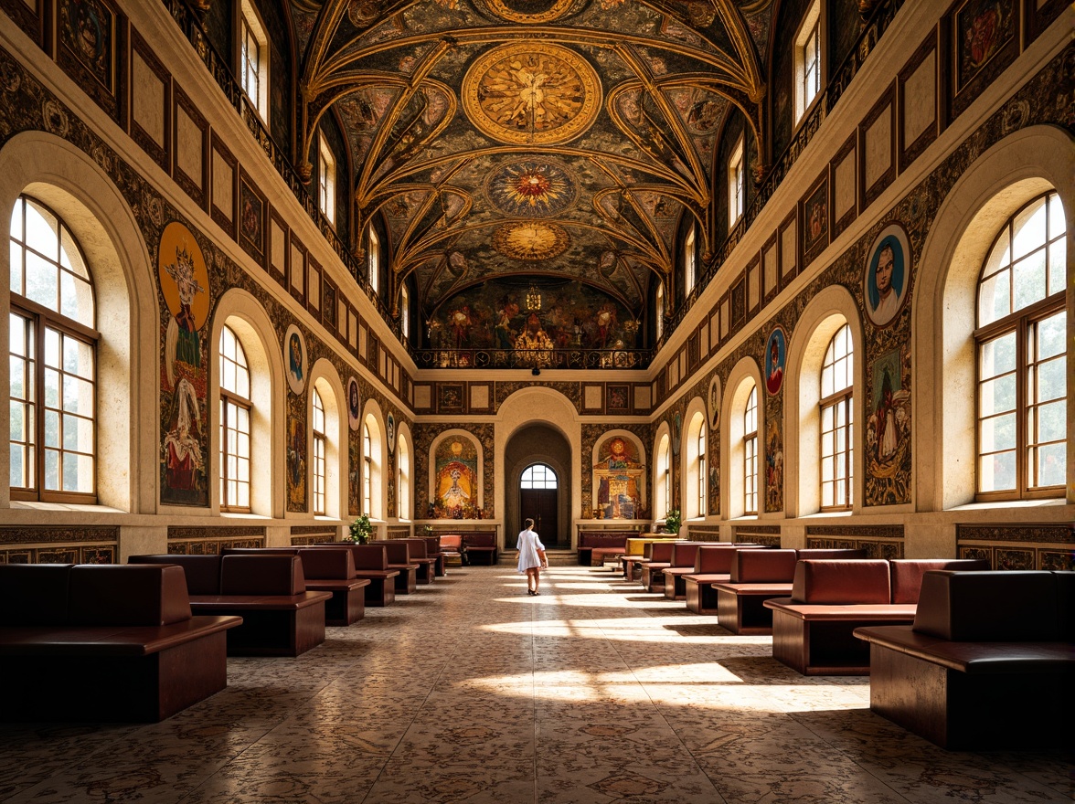 Prompt: Vibrant Byzantine high school, ornate mosaics, golden tesserae, intricate geometric patterns, richly colored marble floors, imposing stone columns, grand arches, ornamental frescoes, illuminated manuscripts, sacred icons, mystical ambiance, soft warm lighting, shallow depth of field, 3/4 composition, panoramic view, realistic textures, ambient occlusion.