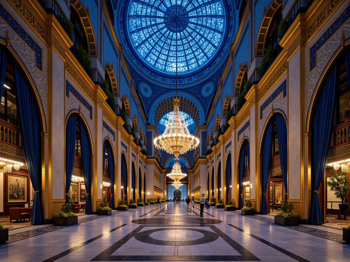 Prompt: Majestic Prussian blue domes, intricate Islamic patterns, ornate golden accents, luxurious marble floors, grandiose entrance halls, opulent chandeliers, regal staircases, lavish velvet drapes, mysterious night lighting, shallow depth of field, 1/2 composition, realistic textures, ambient occlusion.