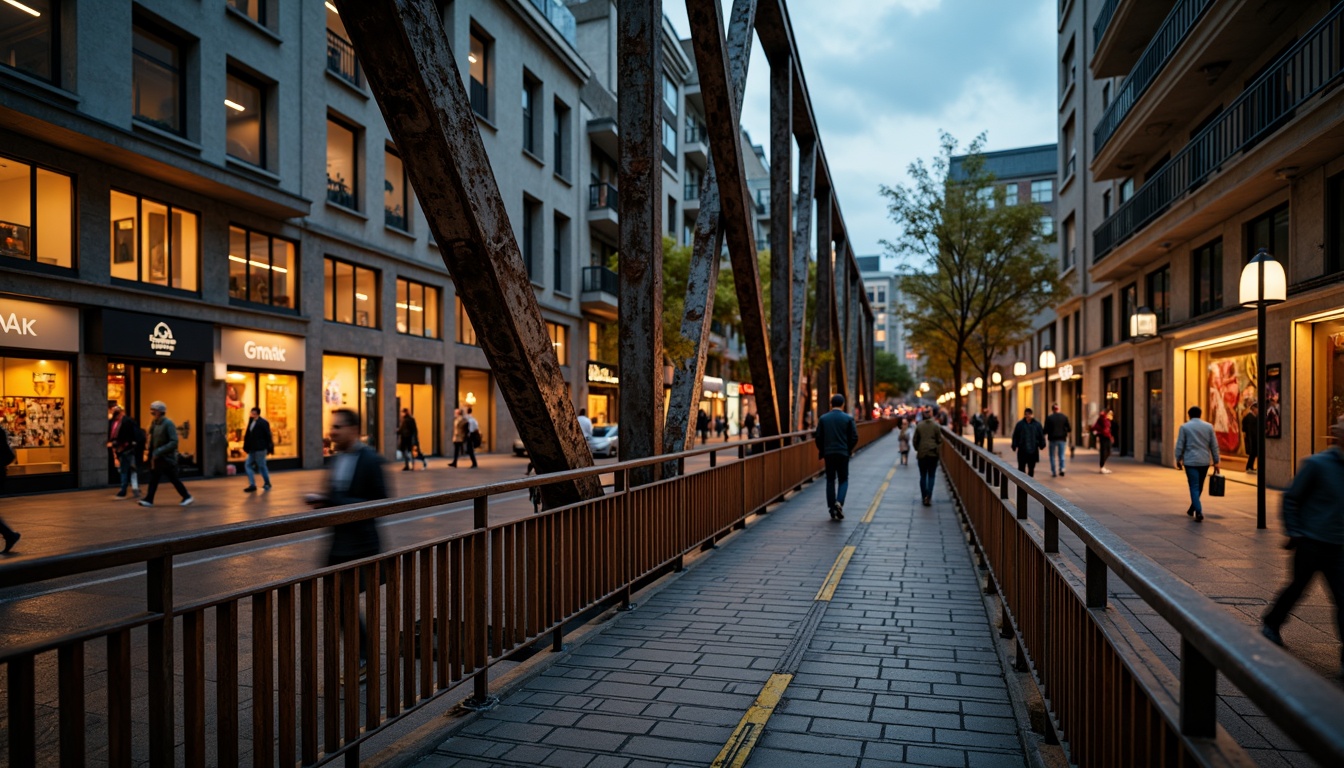 Prompt: Weathered steel pedestrian bridge, rustic wooden railings, textured concrete piers, cable-stayed suspension, modern urban landscape, bustling city streets, vibrant street art, pedestrian traffic flow, safety handrails, anti-slip walking surfaces, warm golden lighting, dramatic nighttime illumination, atmospheric fog effects, shallow depth of field, 1/2 composition, realistic reflections, ambient occlusion.