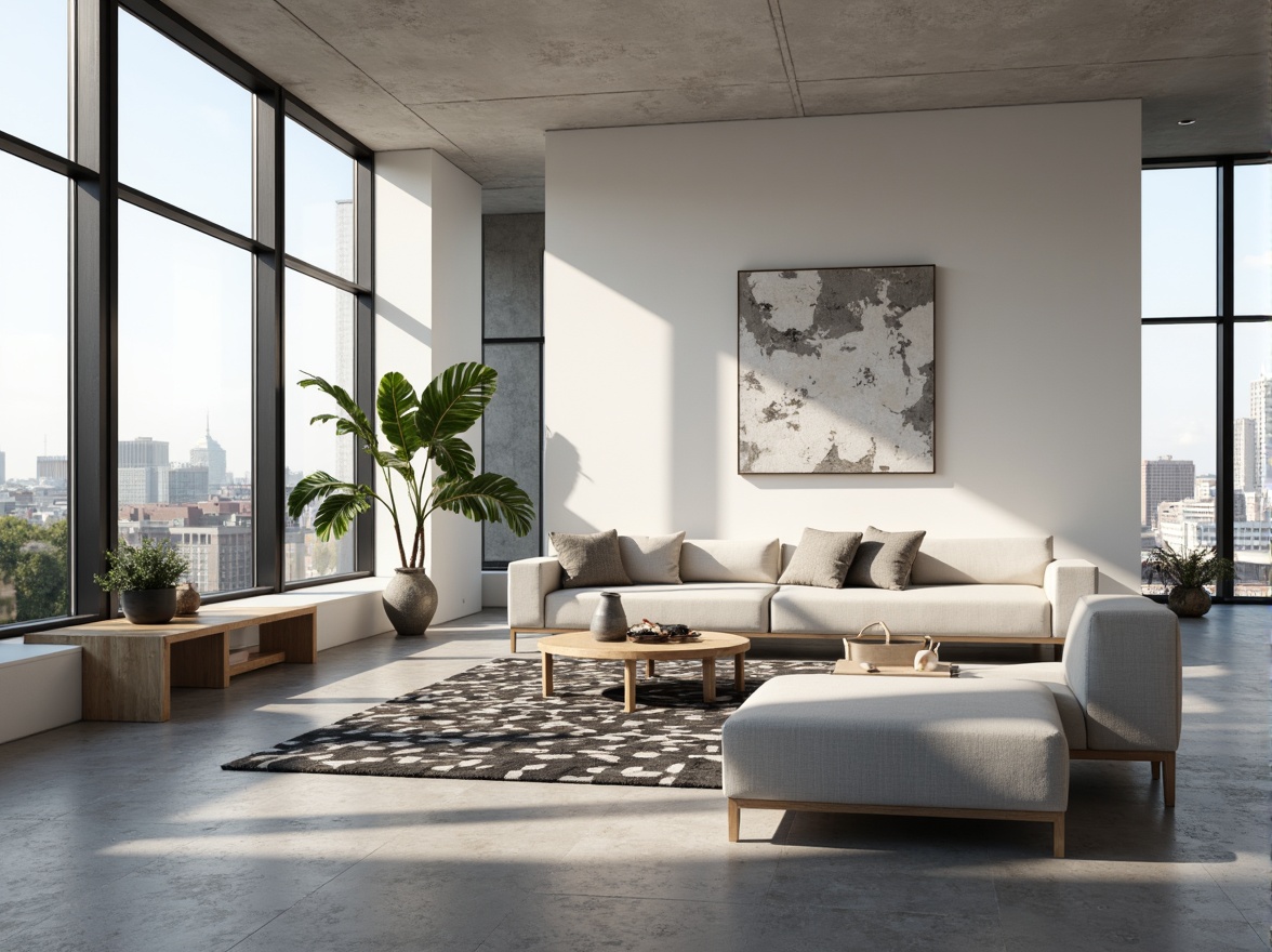 Prompt: Minimalist living room, sleek low-profile furniture, neutral color palette, polished concrete floors, floor-to-ceiling windows, natural light pouring in, urban cityscape views, modern abstract artwork, geometric patterned rug, plush throw pillows, hidden LED lighting, 3/4 composition, shallow depth of field, realistic textures, ambient occlusion.