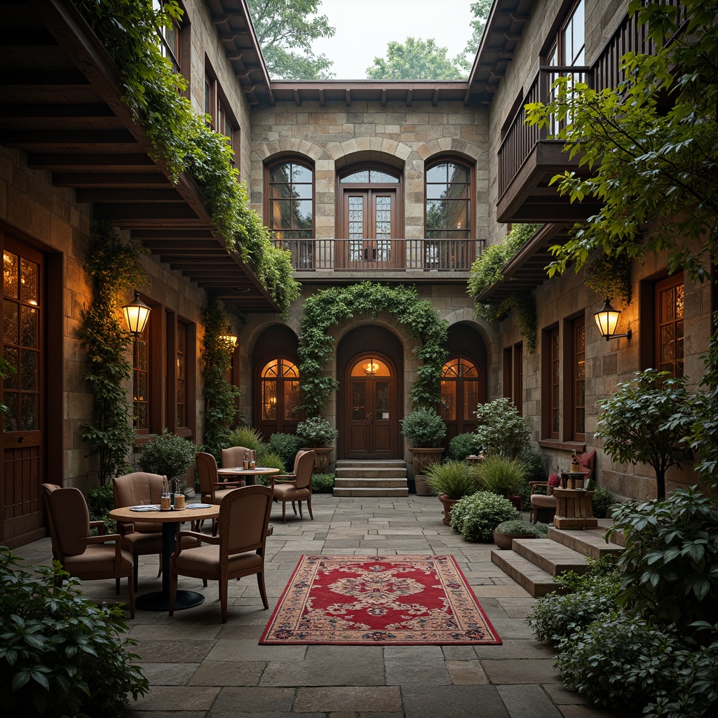 Prompt: Mystical hostel courtyard, lush ivy vines, ornate stone carvings, grand wooden doors, stained glass windows, intricate tracery patterns, rustic brick walls, cozy lantern lighting, foggy misty mornings, warm golden sunrises, 1/2 composition, shallow depth of field, soft warm lighting, romantic ambiance, vibrant colorful tapestries, luxurious velvet fabrics, medieval-inspired furnishings, natural stone fireplaces, grand spiral staircases.