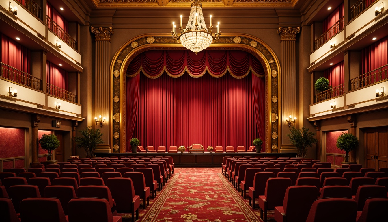 Prompt: Elegant academic theater, rich velvet curtains, ornate gold frames, luxurious red carpet, dramatic spotlights, warm golden lighting, sophisticated color palette, bold contrasting hues, harmonious analogous tones, vibrant accent walls, refined wooden accents, plush seating areas, intricate architectural details, high ceilings, grand chandeliers, soft focus, shallow depth of field, 1/2 composition, symmetrical framing, realistic textures, ambient occlusion.