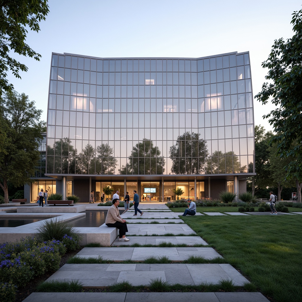 Prompt: Solemn memorial center, curved glass facade, minimalist architecture, gentle natural light, neutral color palette, subtle textures, peaceful ambiance, landscaped gardens, walking paths, memorial plaques, benches, water features, contemplative atmosphere, warm evening lighting, soft shadows, 1/2 composition, symmetrical framing, realistic reflections, ambient occlusion.