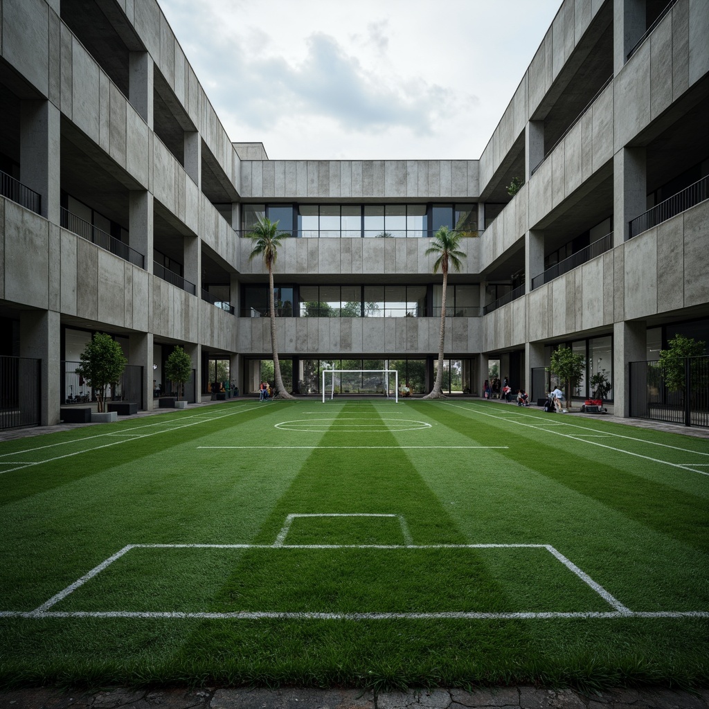 Prompt: Rugged sports fields, brutalist architecture, fortress-like structures, raw concrete walls, exposed ductwork, industrial-style lighting, functional layouts, athletic tracks, soccer goals, basketball hoops, tennis courts, vibrant green grass, urban surroundings, overcast skies, dramatic shadows, high-contrast lighting, 1/1 composition, symmetrical framing, stark textures, ambient occlusion.