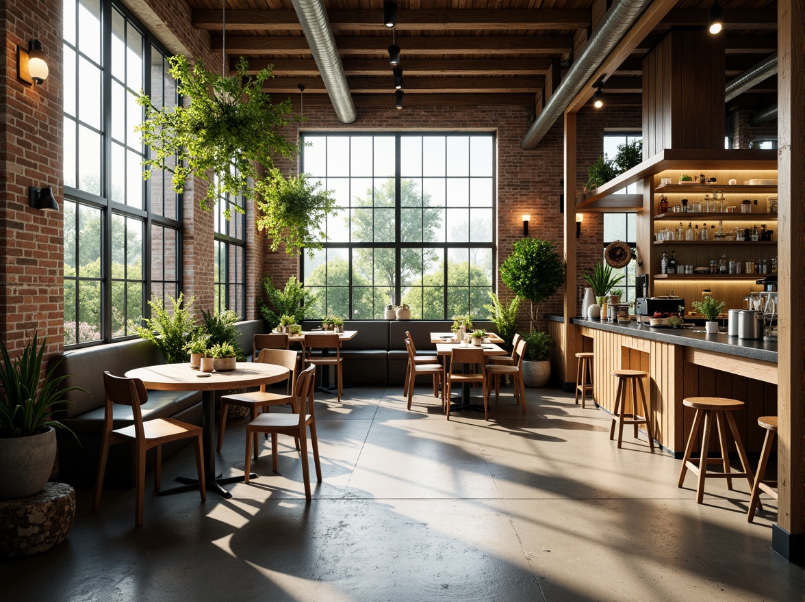 Prompt: Cozy coffee shop interior, large windows, minimalist decor, industrial chic aesthetic, reclaimed wood accents, polished concrete floors, natural stone walls, greenery installations, suspended planters, warm earthy tones, abundant daylight, soft diffused lighting, 1/1 composition, shallow depth of field, realistic textures, ambient occlusion.