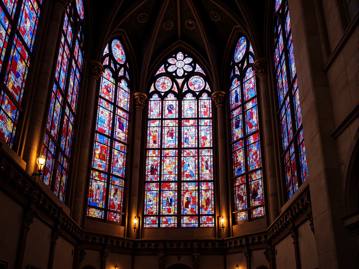 Prompt: Vibrant stained glass windows, kaleidoscope colors, intricate patterns, ornate details, Gothic architectural style, grand cathedrals, sacred spaces, ambient warm lighting, soft diffused glow, subtle color transitions, textured glass surfaces, delicate fragments, majestic ceilings, elegant arches, symmetrical compositions, refined craftsmanship, luxurious atmosphere, serene ambiance, 1/1 composition, shallow depth of field, realistic reflections.