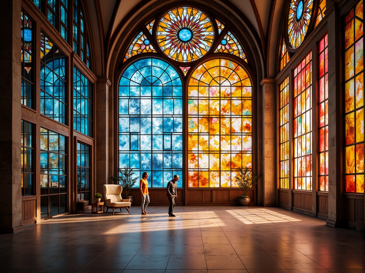 Prompt: Vibrant colored glass fa\u00e7ade, stained glass windows, kaleidoscope patterns, refracted light effects, warm ambient illumination, soft pastel hues, intricate geometric shapes, ornate metal frames, grand cathedral ceilings, airy open spaces, natural stone floors, minimalist interior design, subtle shading techniques, high-key lighting, 1/1 composition, shallow depth of field, realistic glass textures, subtle lens flares.