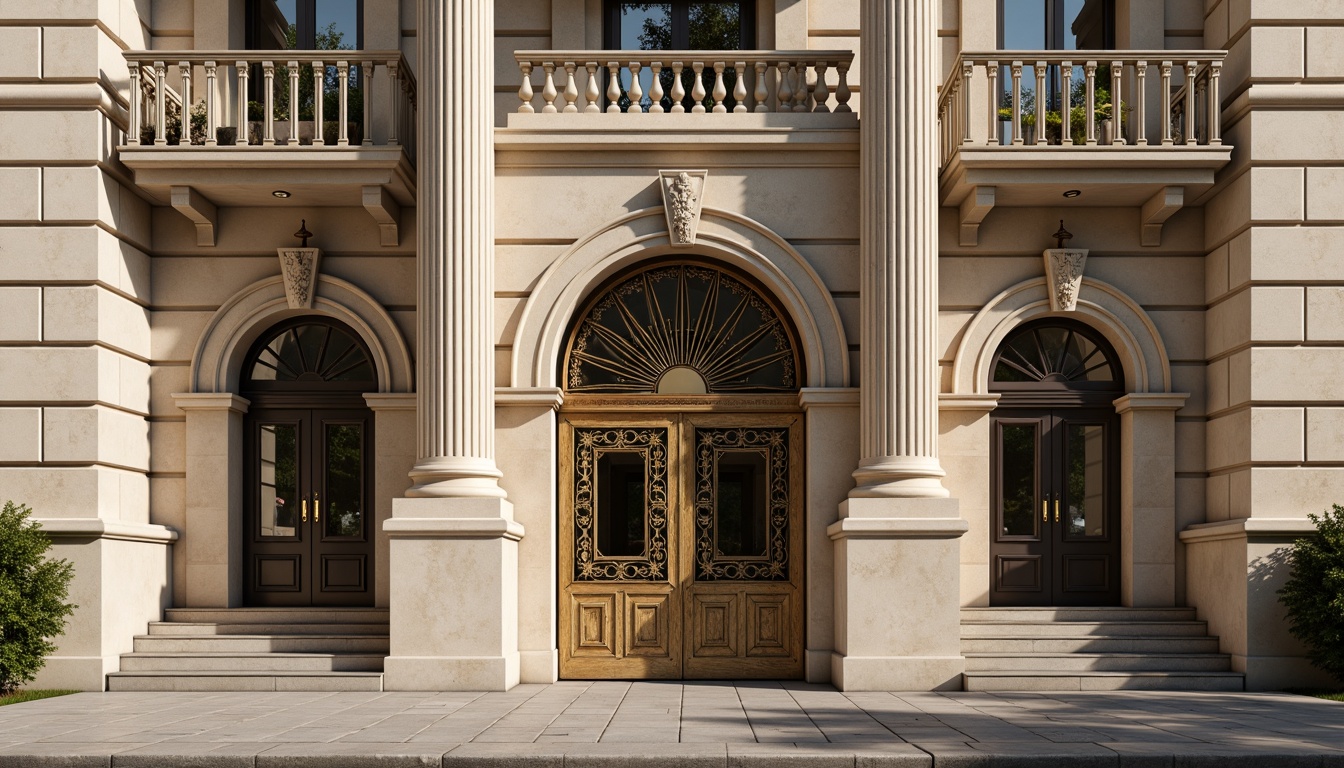 Prompt: Grandiose entrance gates, ornate bronze door handles, fluted Ionic columns, carved stone pediments, symmetrical fa\u00e7ade composition, rusticated base walls, decorative pilasters, arched windows, balconies with intricate metalwork, classical entablature, dentil molding, subtle gradient of beige and cream hues, warm afternoon sunlight, soft shadows, slight depth of field, 1/2 composition, realistic stone textures, ambient occlusion.