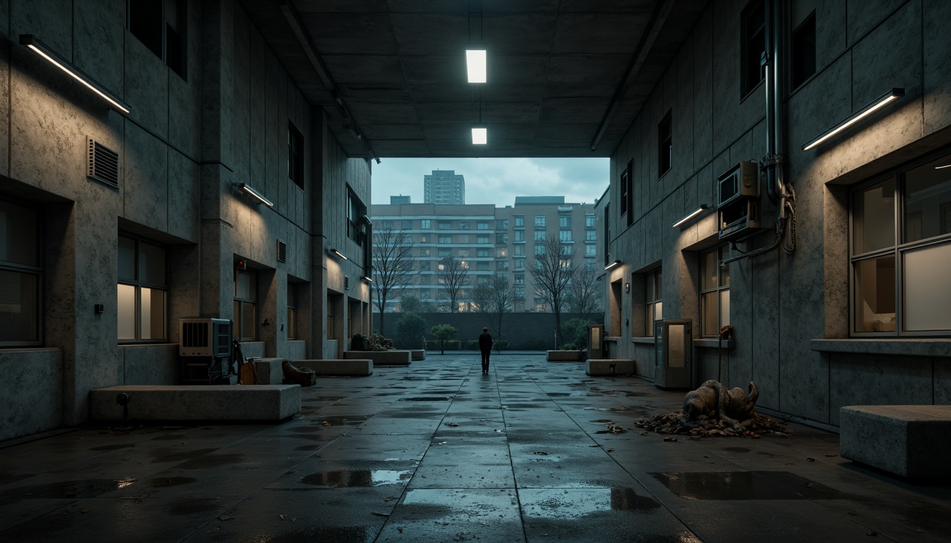 Prompt: Gloomy community center, brutalist concrete structures, industrial-style lighting fixtures, harsh overhead lighting, dramatic shadows, cold tone color palette, rough-textured walls, exposed ductwork, metal beams, urban cityscape, overcast sky, high-contrast photography, strong directional light, deep depth of field, 2/3 composition, cinematic atmosphere, gritty realistic textures, ambient occlusion.