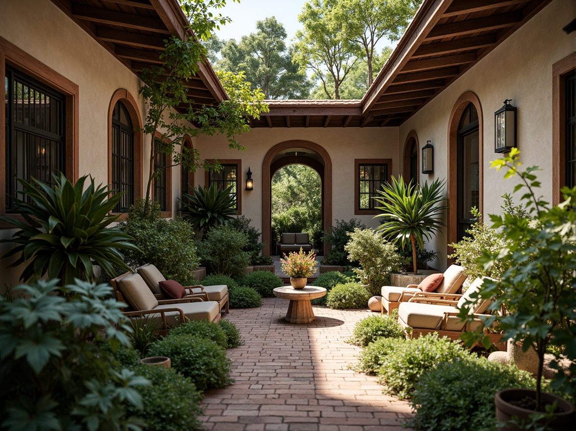 Prompt: Lush greenery, exotic plants, natural stone walls, curved arched windows, ornate ironwork, rustic wooden beams, earthy color palette, warm soft lighting, cozy ambiance, serene atmosphere, romantic courtyard, Mediterranean-inspired architecture, aged brick fa\u00e7ade, vibrant floral arrangements, tranquil water features, shallow depth of field, 3/4 composition, realistic textures, ambient occlusion.