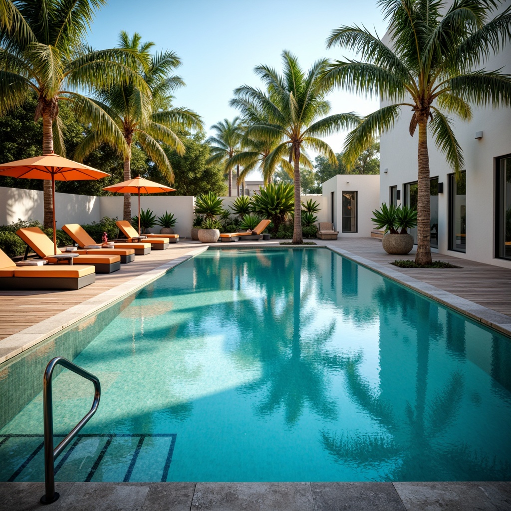 Prompt: Luxurious swimming pool, sleek modern design, turquoise water, natural stone coping, glass tile accents, stainless steel handrails, wooden deck flooring, tropical palm trees, sun-kissed lounge chairs, vibrant colorful umbrellas, refreshing misting systems, ambient warm lighting, shallow depth of field, 3/4 composition, panoramic view, realistic textures, ambient occlusion.