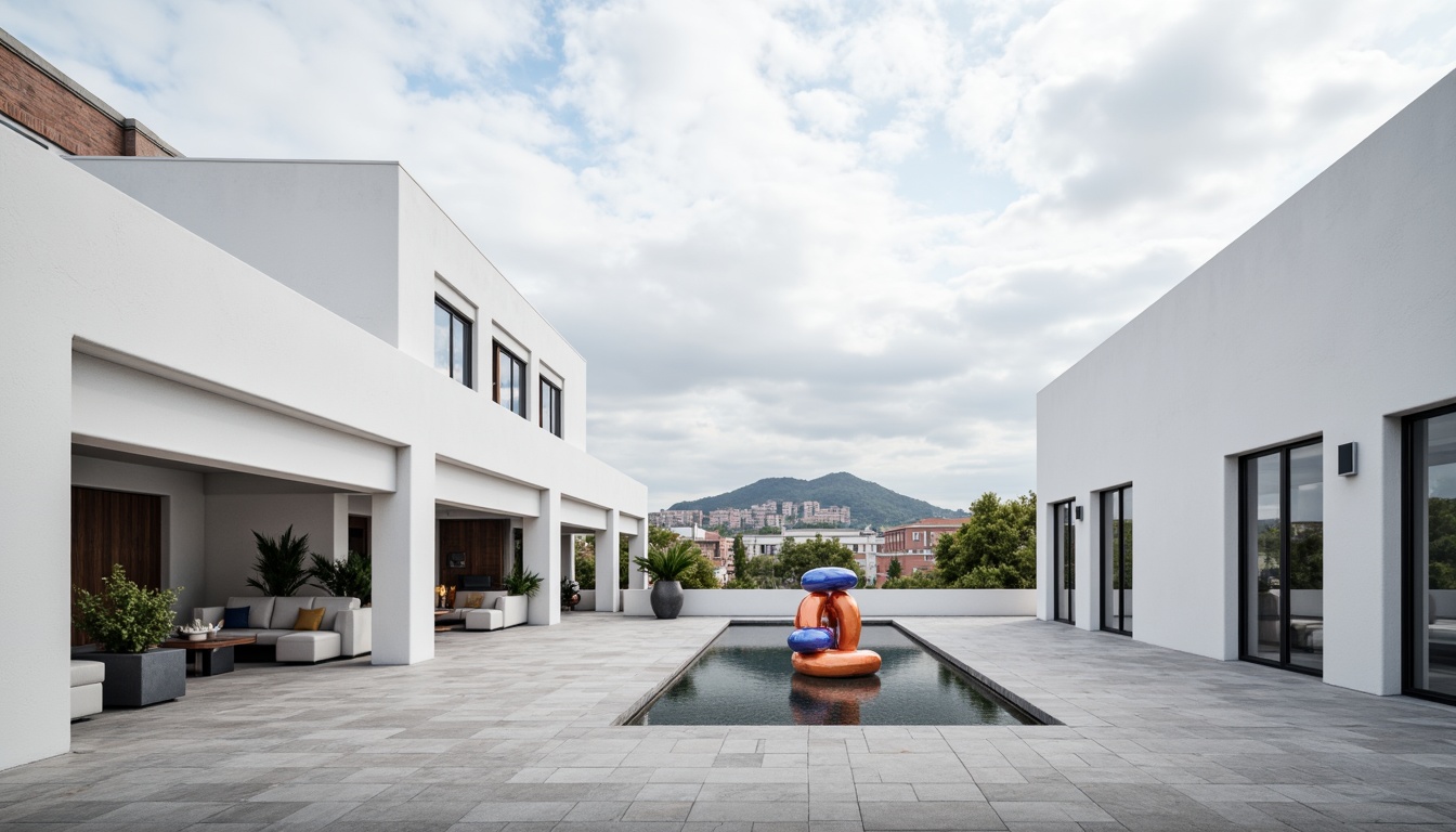 Prompt: Simple white buildings, rectangular forms, clean lines, minimal ornamentation, functionalism emphasis, industrial materials, exposed ductwork, steel beams, concrete floors, large windows, glass doors, abstract sculptures, geometric shapes, primary color schemes, bold typography, urban landscape, modern cityscape, cloudy sky, high contrast lighting, deep depth of field, 1/1 composition, realistic textures, ambient occlusion.