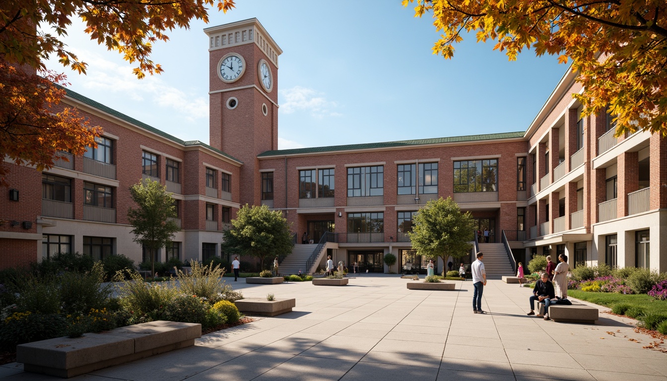 Prompt: Traditional high school building, rustic brick facade, ornate stone carvings, classic clock tower, sprawling courtyard, vibrant student artwork, educational murals, worn wooden benches, lush greenery, mature trees, sunny afternoon, warm natural lighting, shallow depth of field, 3/4 composition, realistic textures, ambient occlusion.