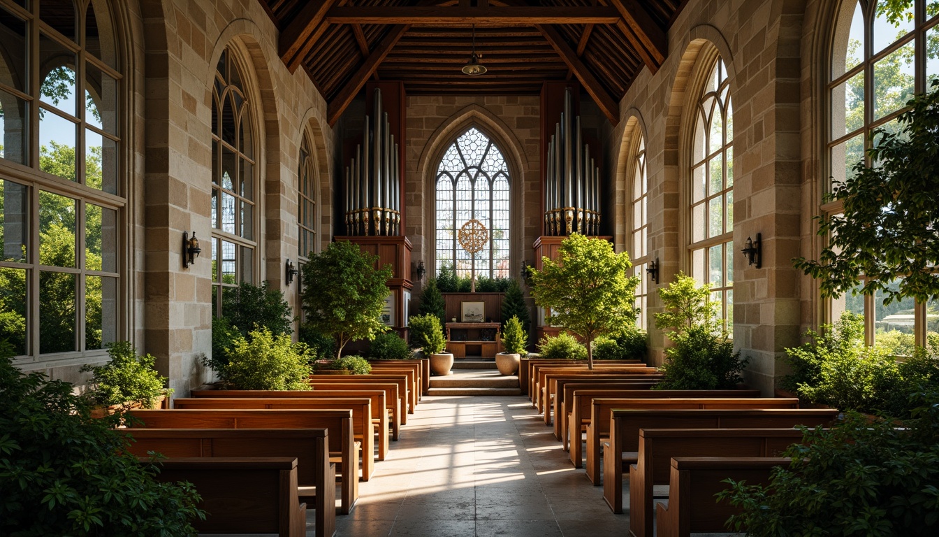 Prompt: Rustic stone church, lush greenery, natural lighting, wooden pews, stained glass windows, grand organ pipes, vaulted ceilings, ornate carvings, serene ambiance, peaceful atmosphere, subtle color palette, earthy tones, organic textures, harmonious proportions, symmetrical composition, soft warm lighting, shallow depth of field, 1/1 aspect ratio, natural materials, wooden accents, botanical patterns, intricate stone details.