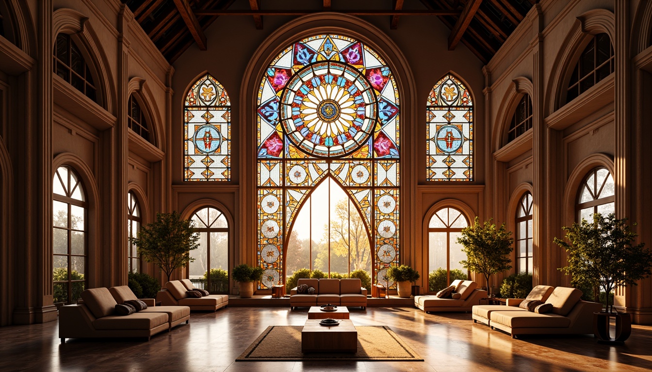 Prompt: Vibrant colored glass fa\u00e7ade, intricate stained glass patterns, warm natural lighting, soft diffused illumination, majestic cathedral ceilings, ornate Gothic arches, rich jewel-toned hues, kaleidoscope-like reflections, luminous ambiance, morning sunlight, gentle shadows, subtle color gradations, layered glass textures, elegant minimalist interior, spacious open-plan layout, polished marble floors, luxurious furnishings, serene atmosphere, high-angle shot, 1/2 composition, warm color palette, realistic glass rendering.