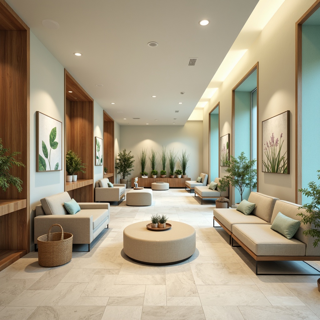 Prompt: Calming healthcare facility, soft pastel hues, gentle turquoise accents, soothing beige walls, natural wood tones, comfortable seating areas, warm task lighting, peaceful botanical prints, serene water features, subtle fragrance diffusion, calming nature sounds, minimalist decor, organic shapes, harmonious color harmony, shallow depth of field, 1/1 composition, realistic textures, ambient occlusion.