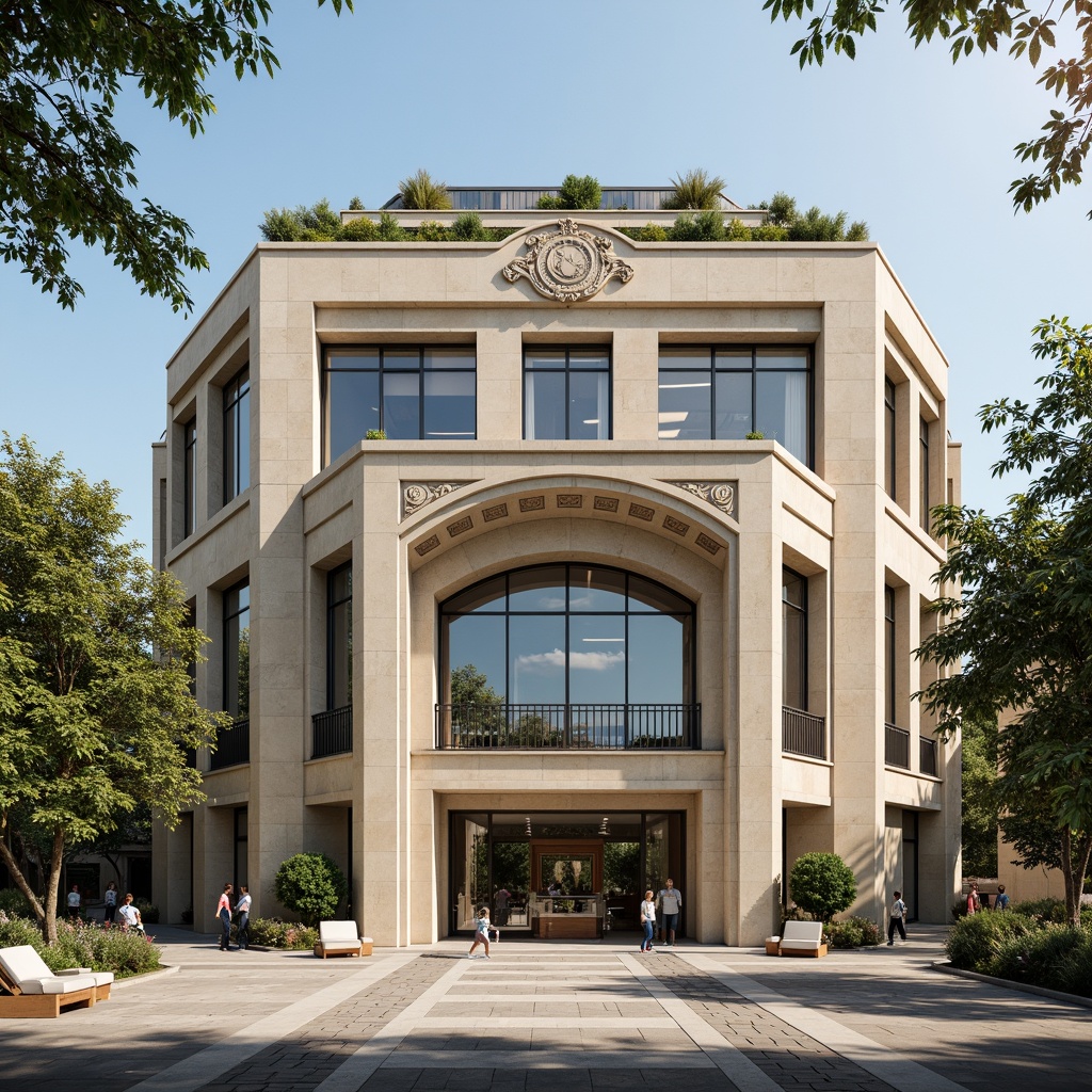 Prompt: Elegant science center facade, classic columns, ornate stone carvings, grand entrance archways, symmetrical architecture, neutral color palette, subtle texture variations, large windows, wooden accents, modern laboratory equipment, futuristic scientific instruments, innovative green roofs, sustainable energy systems, solar panels, wind turbines, water conservation systems, shaded outdoor spaces, misting systems, natural stone walkways, blooming trees, sunny day, soft warm lighting, shallow depth of field, 3/4 composition, panoramic view, realistic textures, ambient occlusion.