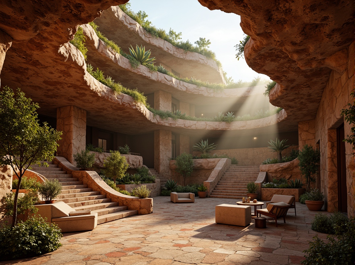 Prompt: Natural stone amphitheater, rustic rock formations, weathered wood accents, earthy terracotta hues, cantilevered seating areas, grand staircases, lush greenery overhangs, dramatic spotlights, warm golden lighting, misty atmospheric effects, 1/2 composition, low-angle shot, cinematic depth of field, realistic rock textures, ambient occlusion.