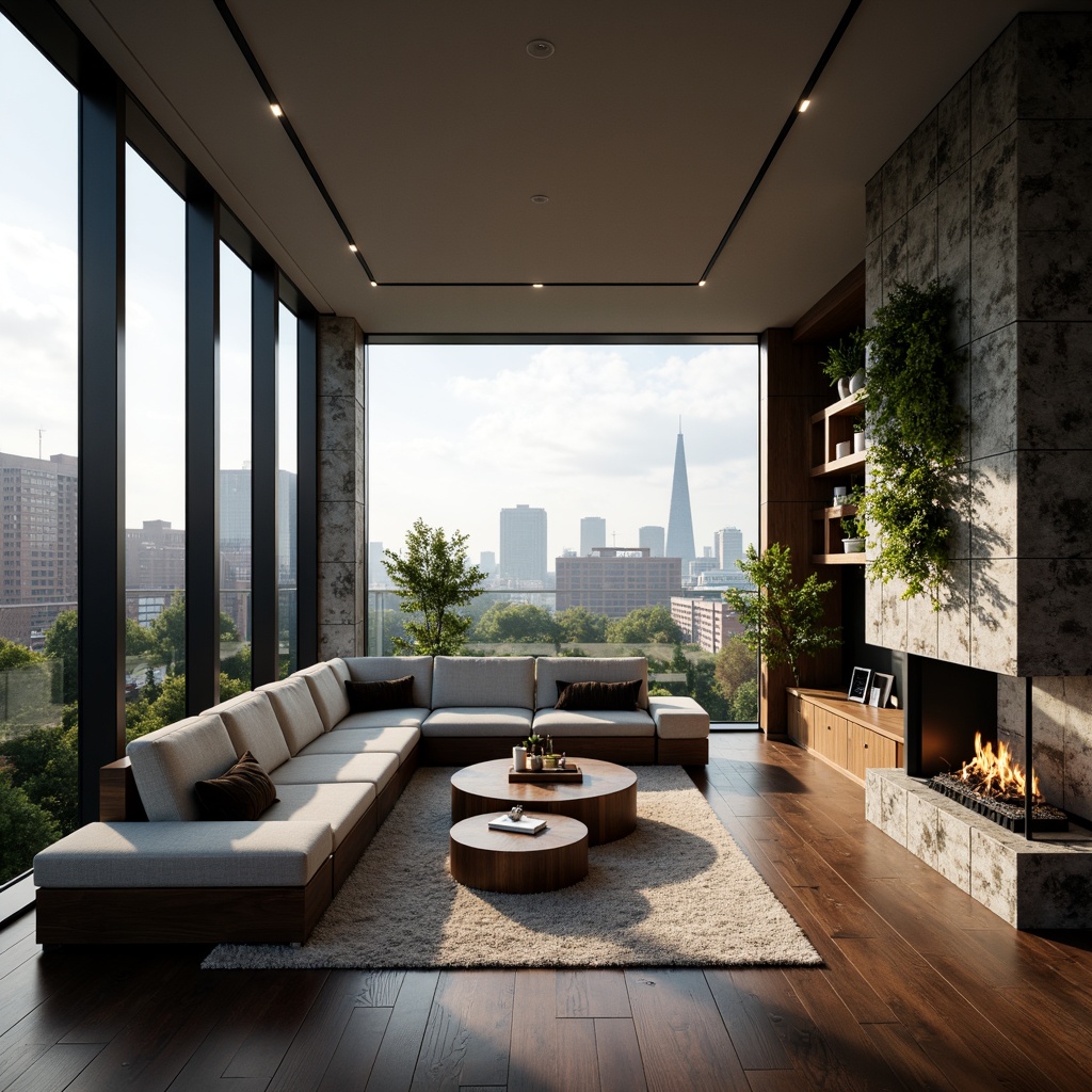 Prompt: Cozy living room, natural stone fireplace, comfortable sectional sofa, plush area rug, floor-to-ceiling windows, city skyline view, modern minimalist decor, sleek metal accents, ambient soft lighting, shallow depth of field, 3/4 composition, panoramic view, realistic textures, warm color palette, wooden flooring, lush greenery, vertical garden, calm atmosphere, relaxing ambiance, innovative storage solutions, modular shelving units, concealed kitchen appliances, seamless smart home integration.