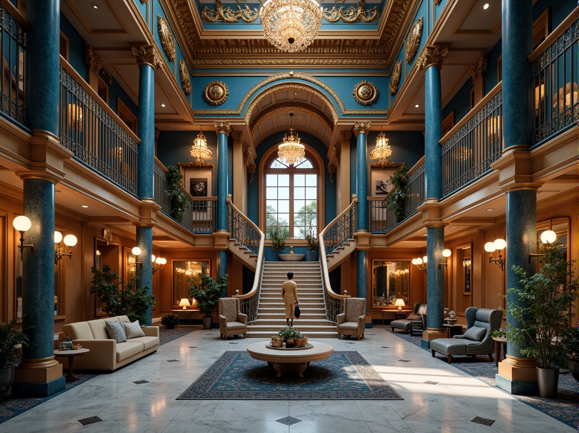 Prompt: Majestic building facade, Prussian blue accents, golden ornate details, grandiose columns, intricate stonework, luxurious marble floors, opulent chandeliers, lavish furnishings, regal atmosphere, high ceilings, dramatic staircases, rich textures, warm ambient lighting, 1/1 composition, soft focus, shallow depth of field, realistic reflections.