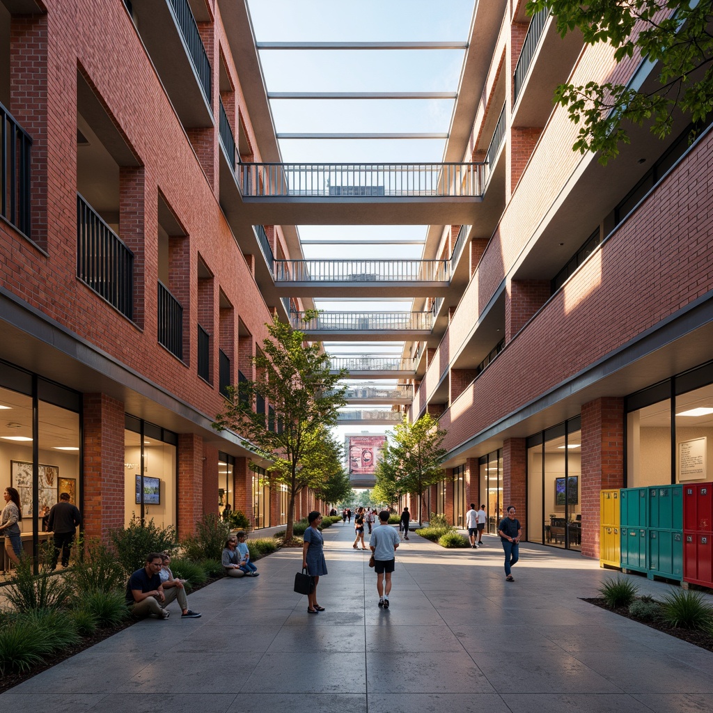 Prompt: Traditional brick fa\u00e7ade, rustic red tones, textured masonry, classic architectural style, educational institution, high school campus, vibrant student life, lively corridors, bustling classrooms, modern amenities, sleek metal accents, abundant natural light, clerestory windows, open atriums, collaborative learning spaces, interactive displays, colorful lockers, busy hallways, warm afternoon lighting, shallow depth of field, 2/3 composition, realistic textures, ambient occlusion.