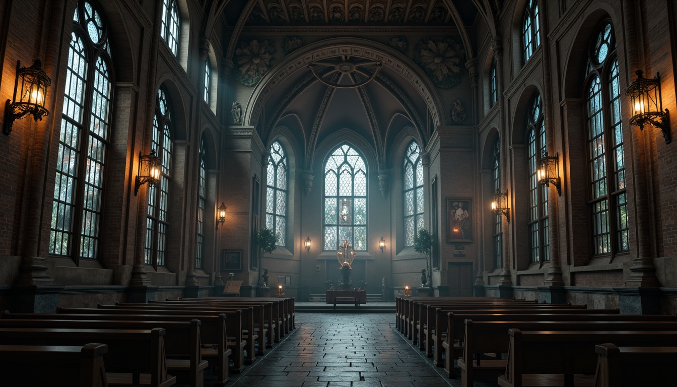 Prompt: Intricate stone carvings, grandiose arches, ribbed vaults, ornate wooden furnishings, rustic brick walls, stained glass windows, heavy iron doors, majestic bell towers, mysterious lantern lighting, foggy misty atmosphere, eerie silence, 1/2 composition, dramatic shadows, high contrast ratio, cinematic mood.