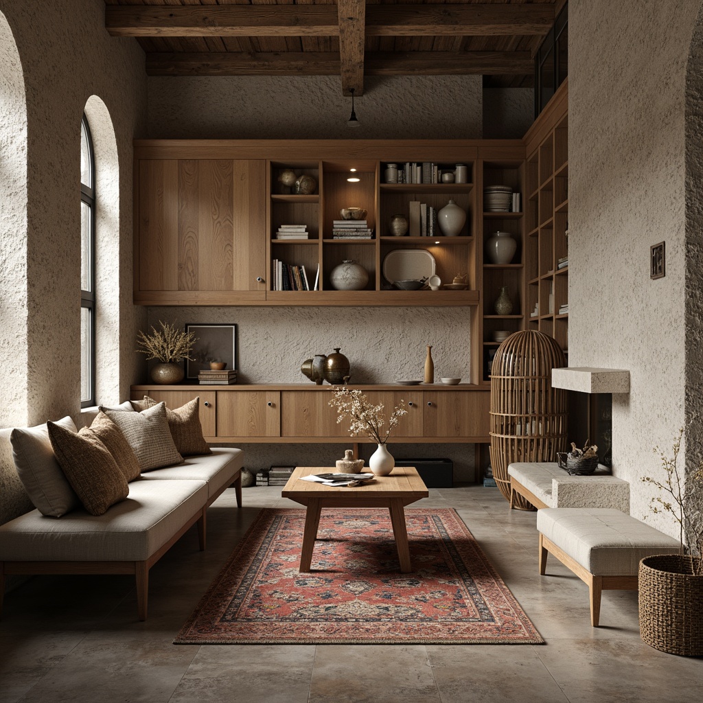 Prompt: Rough stone walls, distressed wood accents, metallic finishes, glossy paint, matte ceramics, natural fabrics, woven baskets, organic shapes, earthy tones, warm lighting, cozy atmosphere, inviting textures, tactile experiences, 3D modeling, realistic renderings, ambient occlusion, shallow depth of field, artistic composition.