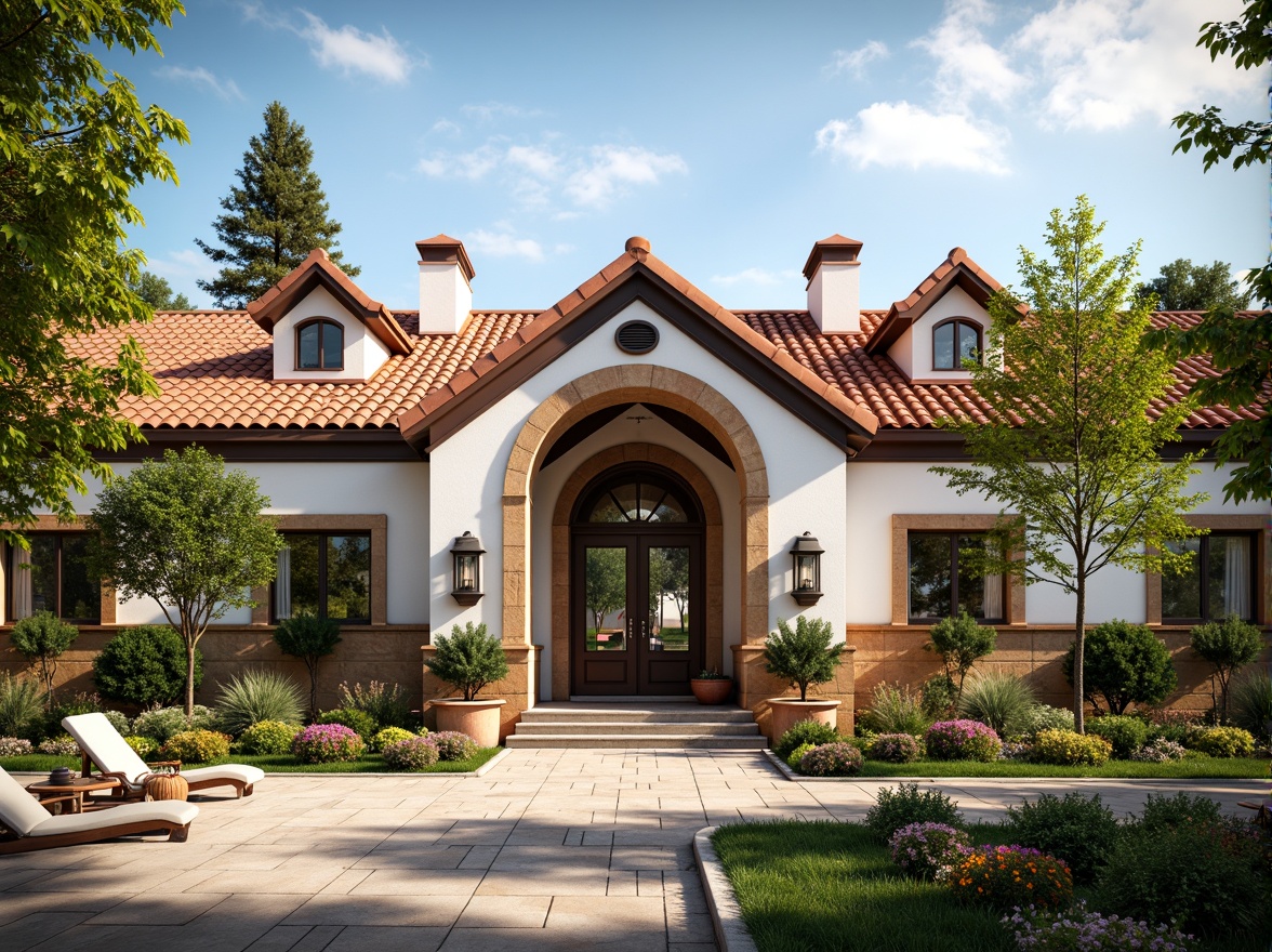 Prompt: Rustic community center, renaissance-inspired architecture, terracotta roofing tiles, curved dormer windows, ornate stone carvings, grand entrance archways, vibrant colorful murals, lush greenery, blooming flowers, natural stone walkways, warm sunny day, soft warm lighting, shallow depth of field, 3/4 composition, panoramic view, realistic textures, ambient occlusion.