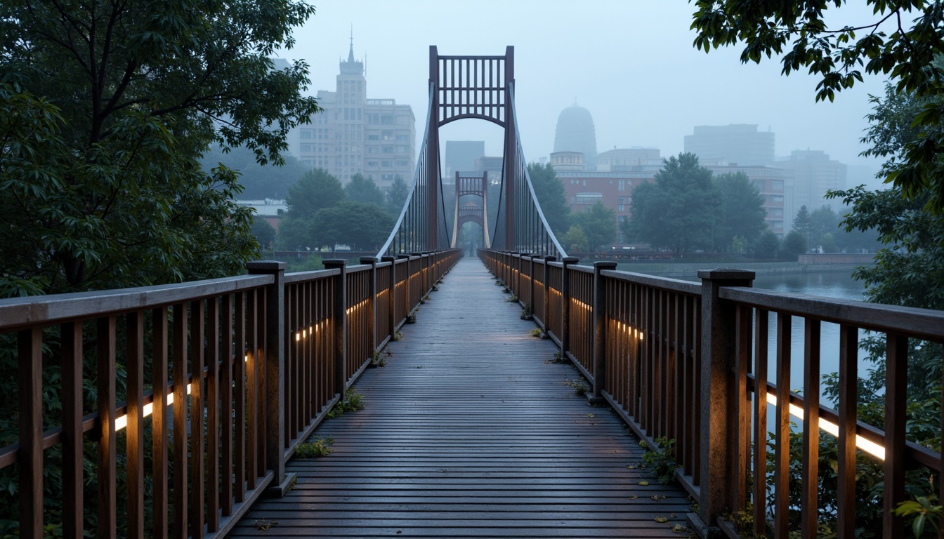 Prompt: Weathered steel pedestrian bridge, wooden decking, rustic railings, natural stone abutments, modern cable-stayed design, sleek aluminum handrails, durable concrete piers, textured anti-slip surfaces, warm LED lighting, dramatic nighttime illumination, scenic river views, lush vegetation surroundings, serene urban atmosphere, misty morning ambiance, shallow depth of field, 1/1 composition, realistic reflections.