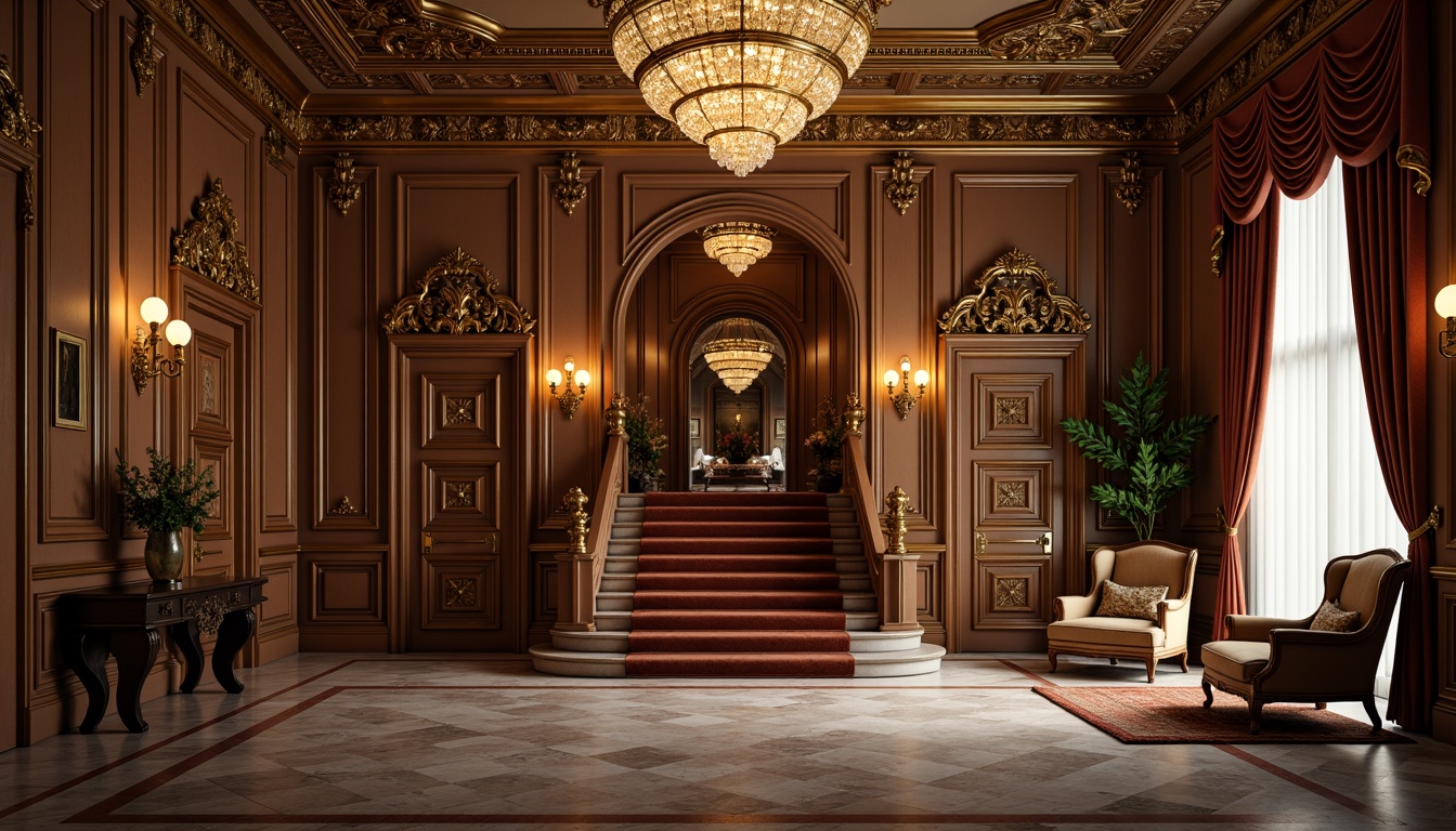 Prompt: Luxurious mansion, ornate fa\u00e7ade, grand entrance, intricately carved wooden doors, elegant staircase, crystal chandelier, marble flooring, lavish furnishings, rich velvet drapes, golden accents, subtle lighting, warm color palette, French Renaissance-inspired design, symmetrical composition, shallow depth of field, 1/1 aspect ratio, soft focus, realistic textures.