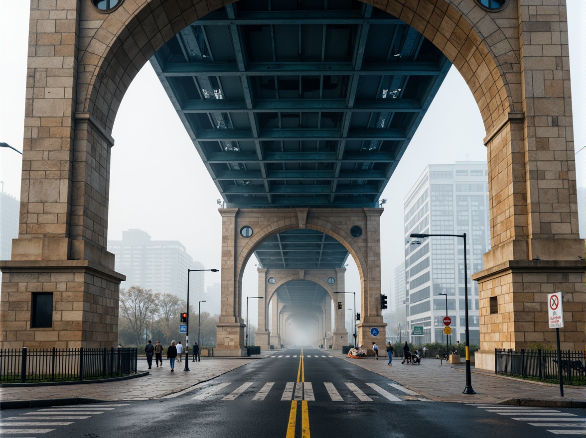 Prompt: Vibrant urban infrastructure, majestic bridge design, steel arches, suspension cables, rustic stone pillars, warm beige concrete, cool grey asphalt, bold blue accents, safety yellow warning signs, atmospheric misty morning, soft natural light, 1/2 composition, symmetrical framing, realistic metallic textures, ambient occlusion.