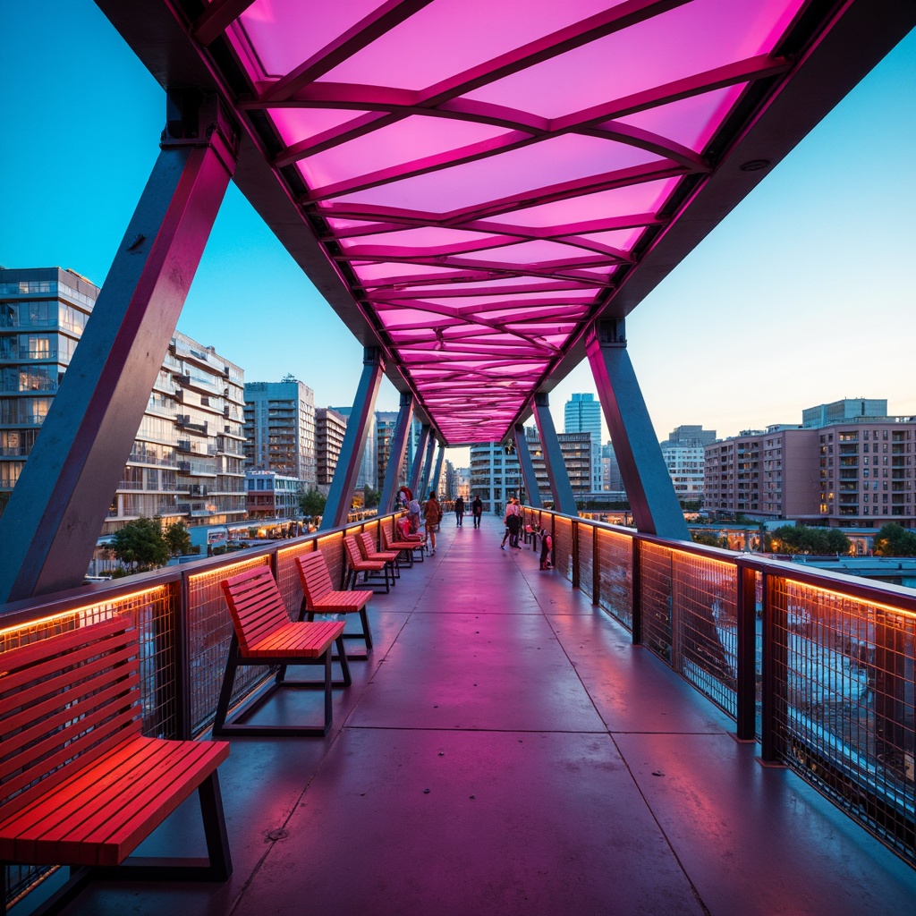 Prompt: Vibrant pedestrian bridge, bold color scheme, contrasting hues, dynamic lighting effects, neon-lit handrails, translucent canopies, iridescent materials, futuristic architecture, sleek metal structures, angular lines, modern urban landscape, bustling cityscape, daytime ambiance, warm sunny light, shallow depth of field, 1/1 composition, realistic textures, ambient occlusion.