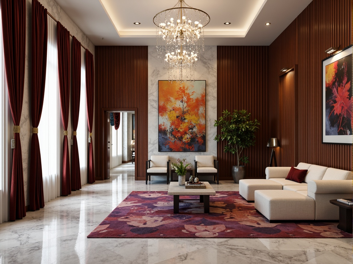 Prompt: Luxurious velvet drapes, rich wood accents, polished marble floors, sleek metal frames, vibrant colorful artwork, plush area rugs, comfortable leather sofas, elegant crystal chandeliers, sophisticated neutral color palette, warm soft lighting, shallow depth of field, 1/1 composition, realistic textures, ambient occlusion.