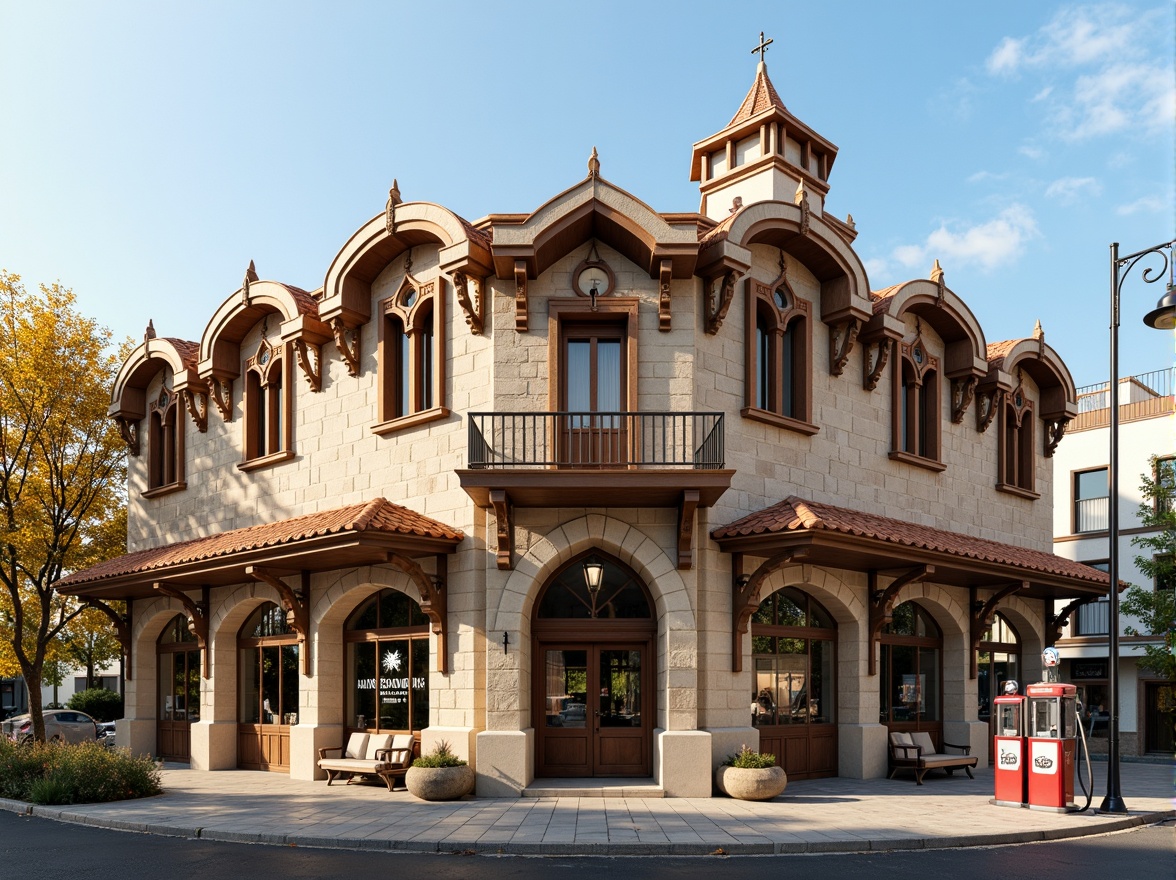 Prompt: Ornate gas station, Romanesque rooflines, curved arches, rusticated stone walls, grand entrance, ornamental columns, intricate carvings, medieval-inspired design, warm beige stonework, terracotta roofing tiles, decorative finials, symmetrical fa\u00e7ade, prominent cornices, rustic metal accents, vintage gas pumps, nostalgic signage, afternoon sunlight, soft shadows, 1/2 composition, realistic textures, ambient occlusion.