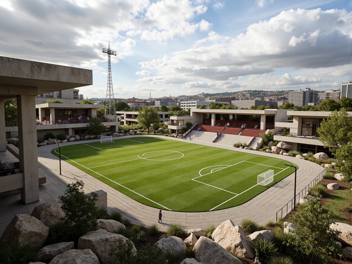 Prompt: Rugged sports field, brutalist architecture, raw concrete structures, industrial steel beams, weathered wood accents, vibrant green turf, athletic track lanes, soccer goalposts, basketball hoops, tennis court nets, bold geometric shapes, angular lines, minimalist landscaping, native plant species, drought-resistant flora, rocky outcrops, natural stone seating, urban cityscape views, dramatic cloudy skies, high-contrast lighting, shallow depth of field, 2/3 composition, cinematic atmosphere.