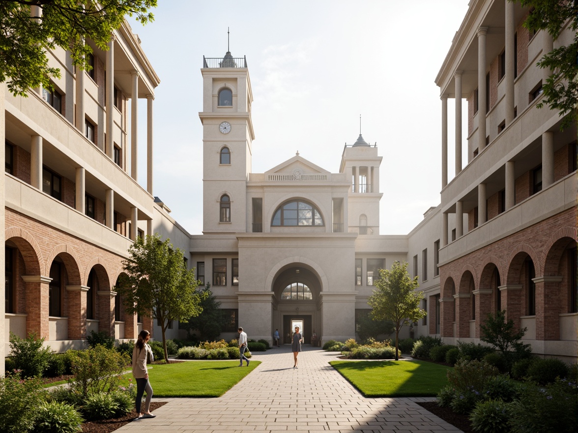 Prompt: Elegant university buildings, classical columns, ornate facades, rich wood accents, cream-colored stone walls, subtle earthy tones, muted brick reds, sophisticated neutral backgrounds, refined ivory details, stately clock towers, grand entrance archways, vibrant green quads, misty morning light, soft warm glow, shallow depth of field, 1/2 composition, symmetrical framing, realistic textures, ambient occlusion.