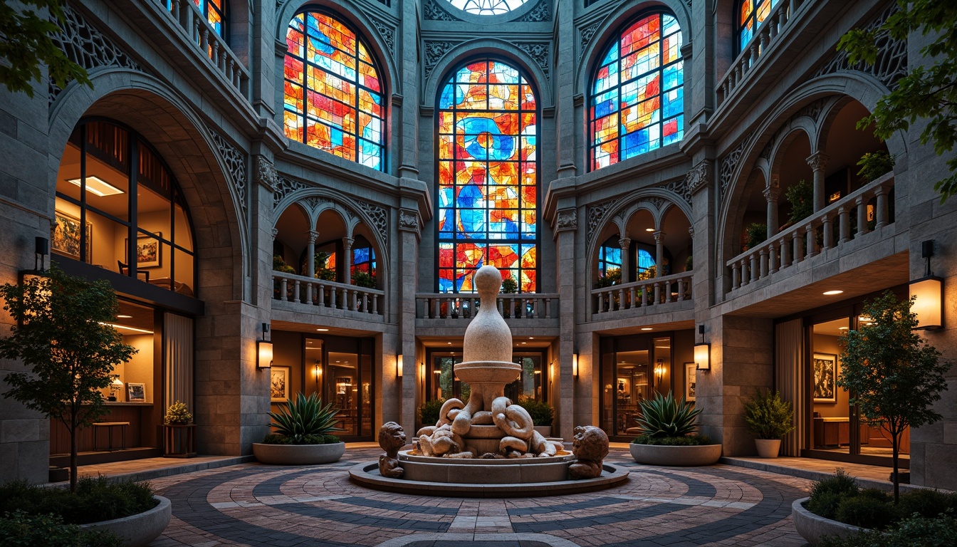 Prompt: Vibrant stained glass windows, ornate stone carvings, asymmetrical fa\u00e7ade composition, irregular shapes, bold color contrasts, playful textures, abstract sculptures, unconventional materials, futuristic bell towers, fragmented arches, deconstructed columns, expressive brick patterns, eclectic mix of historical references, dramatic lighting effects, high-contrast shading, cinematic atmosphere, dynamic camera angles, 1/2 composition, low-key illumination.