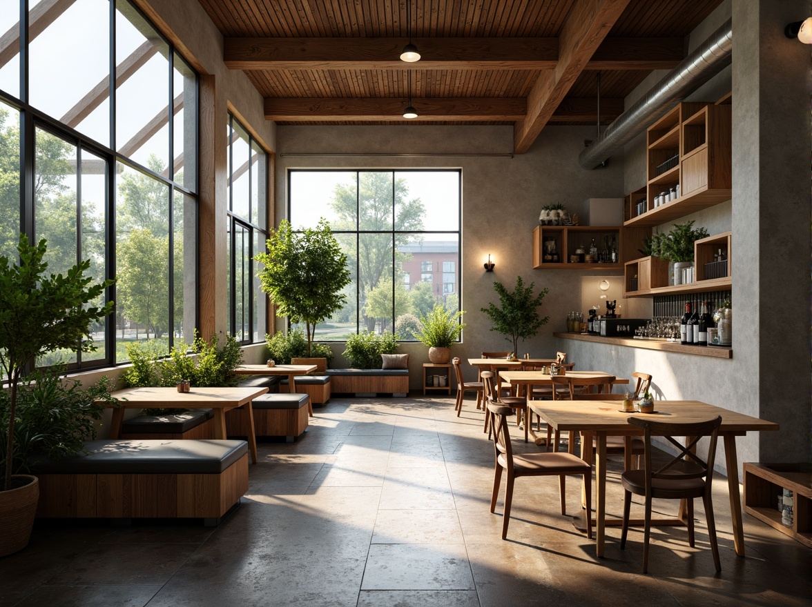 Prompt: Cozy coffee shop interior, abundance of natural light, floor-to-ceiling windows, skylights, minimalist decor, wooden accents, earthy tones, plants and greenery, rustic metal fixtures, reclaimed wood tables, comfortable seating areas, warm atmosphere, soft diffused lighting, shallow depth of field, 1/2 composition, realistic textures, ambient occlusion.