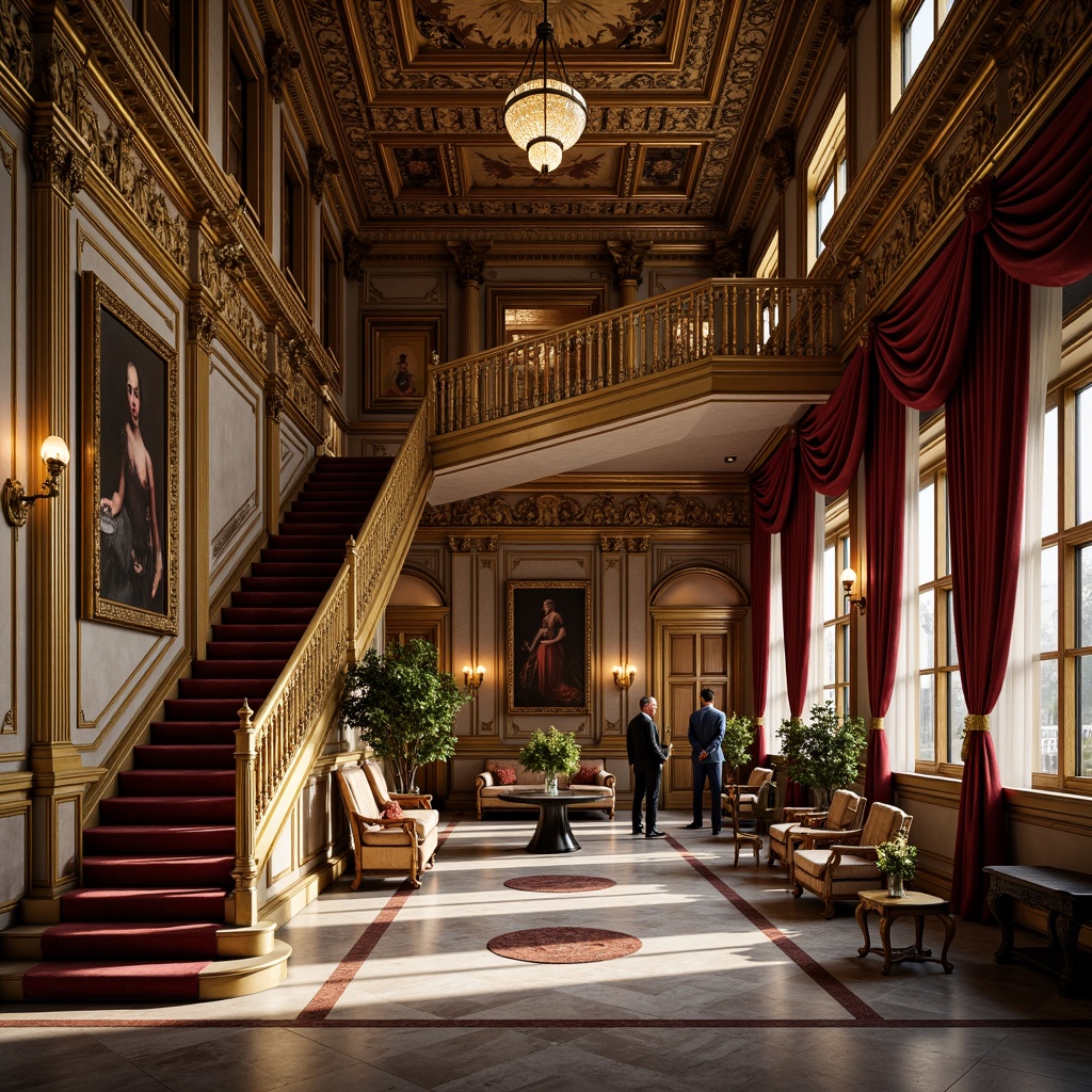 Prompt: Intricate Baroque architecture, ornate carvings, gilded decorations, lavish furnishings, rich velvet fabrics, golden accents, elaborate chandeliers, grandiose staircases, opulent marble floors, dramatic lighting effects, warm candlelight, 3/4 composition, symmetrical framing, realistic textures, ambient occlusion, high-contrast rendering.