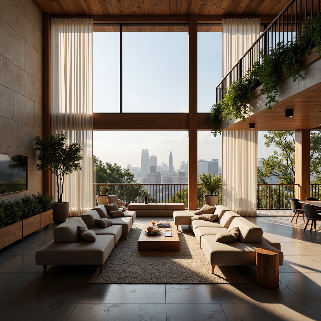 Prompt: Cozy living room, comfortable sofas, warm lighting, modern minimalist decor, spacious open-plan layout, large windows, natural stone flooring, wooden accents, elegant staircase, airy balcony, lush greenery, city skyline views, soft morning light, shallow depth of field, 1/2 composition, realistic textures, ambient occlusion.