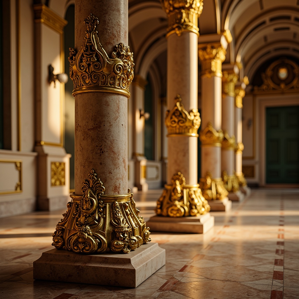 Prompt: Ornate column, golden capitals, intricately carved details, ornamental volutes, fluted shafts, marble bases, decorative entablatures, grandiose architectural style, luxurious ambiance, warm golden lighting, shallow depth of field, 1/1 composition, realistic textures, ambient occlusion.