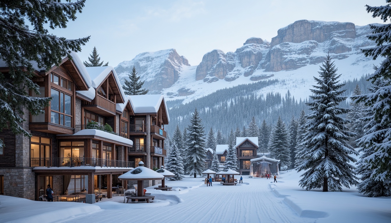 Prompt: Snow-capped mountain peaks, frosty pine trees, snowy slopes, ski lifts, chairlifts, gondolas, mountain lodge, wooden accents, stone walls, large windows, panoramic views, cozy fireplaces, rustic decorations, warm lighting, soft snowfall, misty atmosphere, 3/4 composition, wide-angle lens, realistic textures, ambient occlusion.