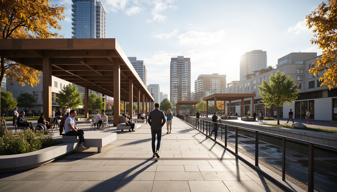 Prompt: Accessible pedestrian bridge, gentle slopes, wide walkways, sturdy handrails, tactile paving, audio signals, wheelchair ramps, Braille signage, adequate lighting, sheltered waiting areas, comfortable seating, clear wayfinding, minimal obstacles, smooth flooring, universal design principles, modern architectural style, steel or concrete materials, urban cityscape, sunny day, soft warm lighting, shallow depth of field, 3/4 composition, panoramic view, realistic textures, ambient occlusion.