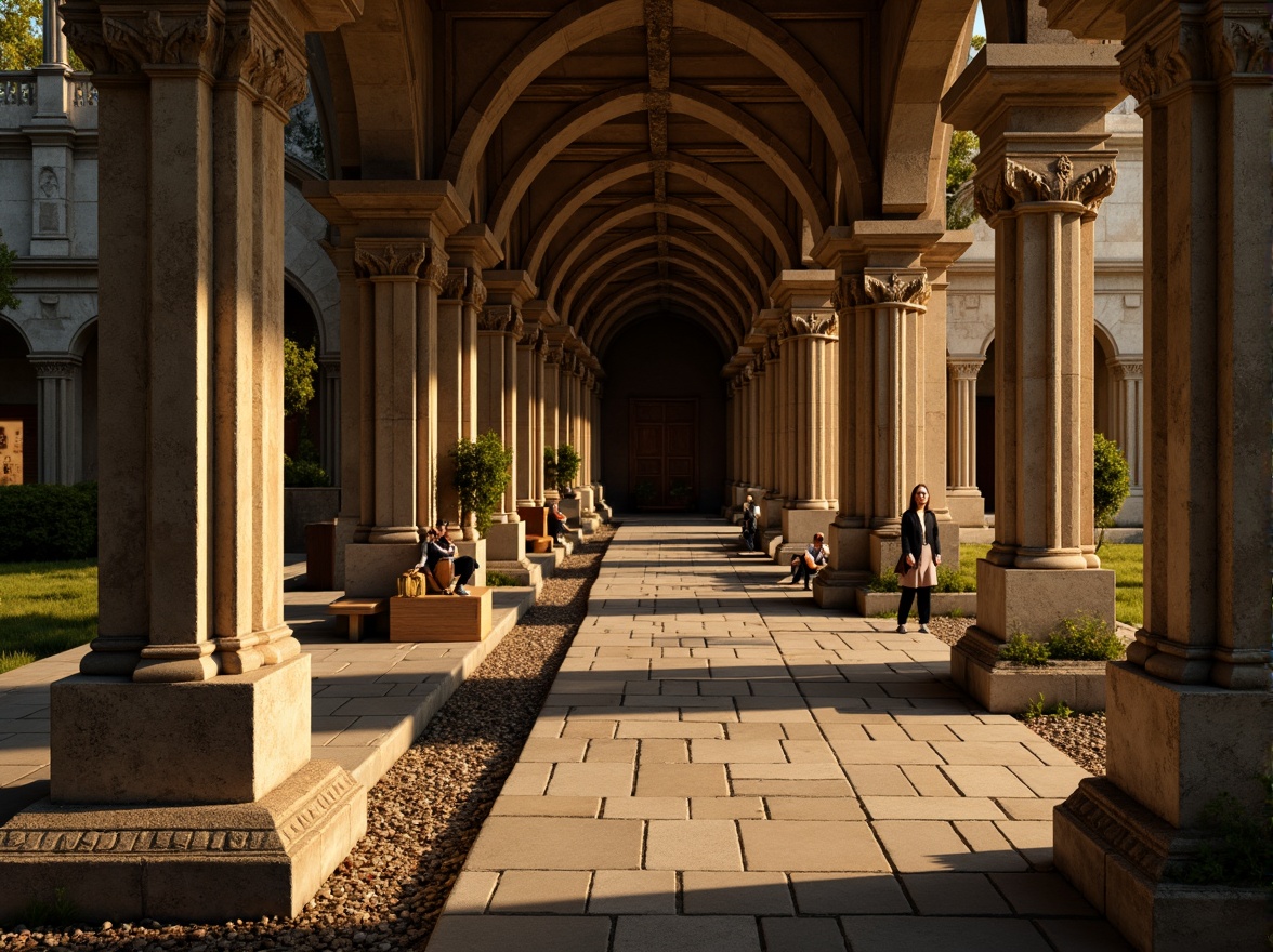 Prompt: Ancient stone columns, ornate capitals, rusticated bases, weathered patina, intricate carvings, floral motifs, Gothic arches, ribbed vaults, grandeur atmosphere, mystical ambiance, warm golden lighting, dramatic shadows, high contrast ratio, 1/1 composition, symmetrical framing, detailed textures, ambient occlusion.