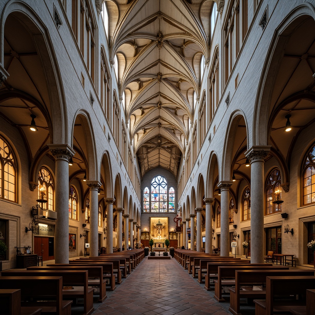 Prompt: Intricate stone carvings, grandiose arches, majestic domes, stained glass windows, ornate frescoes, vaulted ceilings, ribbed vaults, flying buttresses, pointed spires, towering steeples, sacred altars, pulpits, baptismal fonts, pews, chapels, apses, triforia, clerestory windows, rose windows, lantern towers, grand naves, transepts, ambulatories, sacristies, refectories, monastery cloisters, peaceful courtyards, serene fountains, soft warm lighting, high contrast ratio, dramatic shadows, 3/4 composition, symmetrical balance, spiritual ambiance.