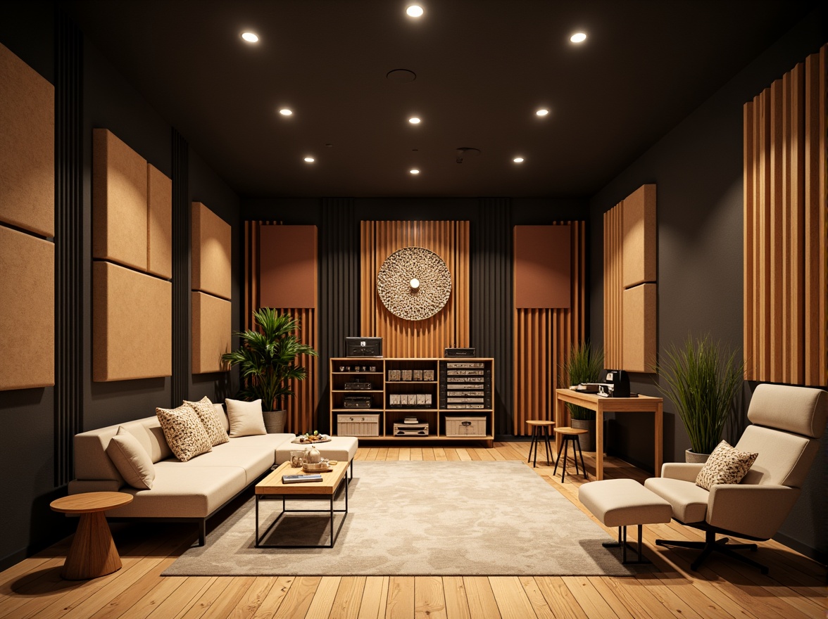 Prompt: Professional recording studio, soundproofed walls, acoustic panels, diffusers, bass traps, microphone stands, audio equipment racks, comfortable seating areas, wooden flooring, minimal reverberation, precise sound reflection, optimal sound absorption, warm soft lighting, 1/1 composition, realistic textures, ambient occlusion.