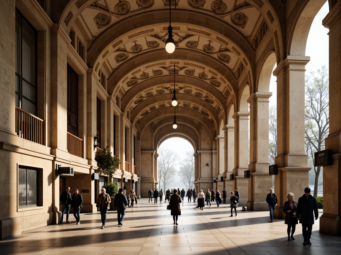 Prompt: Grand metro station, ornate archways, Romanesque columns, vaulted ceilings, intricately carved stonework, warm beige tones, natural stone flooring, elegant chandeliers, modern urban transportation hub, bustling city atmosphere, morning rush hour, soft diffused lighting, shallow depth of field, 1/2 composition, realistic textures, ambient occlusion.