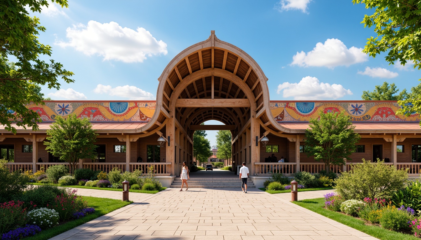 Prompt: Vibrant pavilion, regionalism architectural style, curved lines, ornate details, colorful ceramic tiles, intricate wooden carvings, grand entrance gates, lush greenery, blooming flowers, natural stone walkways, rustic metal lanterns, warm sunny day, soft diffused lighting, shallow depth of field, 3/4 composition, panoramic view, realistic textures, ambient occlusion.