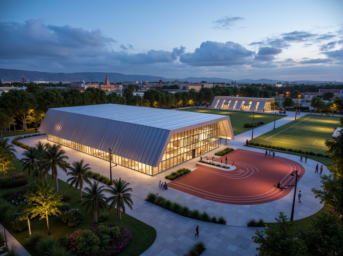 Prompt: Modern gymnasium, sleek metal fa\u00e7ade, minimalist design, vast open spaces, international style architecture, concrete walkways, angular lines, geometric shapes, vibrant greenery, tropical plants, palm trees, outdoor fitness areas, athletic tracks, sports fields, stadium seating, floodlights, evening ambiance, warm color tones, shallow depth of field, 3/4 composition, realistic textures, ambient occlusion.